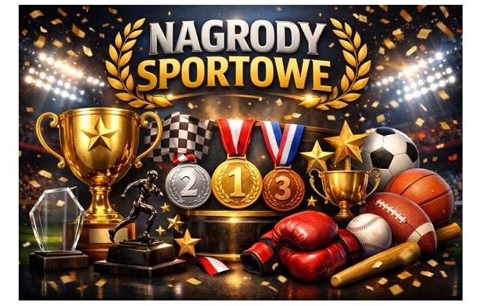 Na tle oświetlonego reflektorami stadionu widoczne złoty, srebrny i brązowy medal, z obu stron puchary. Poniżej statuetki szklana oraz metalowa ze sportowcem a obok statuetek rękawice bokserskie, kije oraz piłki do baseballa, futbolu amerykańskiego, koszykówki oraz piłki nożnej. Na srebrnym medalu widoczna flaga mety.