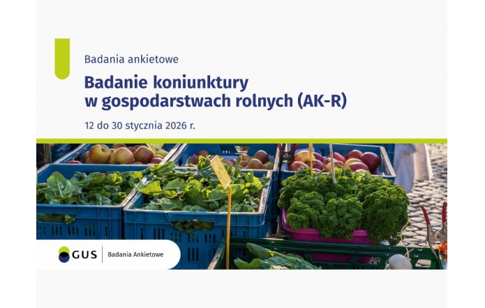 Tekst informujący o badaniu ankietowym prowadzonym od 12 do 30 stycznia 2026 roku, umieszczony nad zdjęciem skrzynek z warzywami i owocami na targowym stoisku; w dolnej części widoczne logo Głównego Urzędu Statystycznego oraz napis „Badania Ankietowe”.