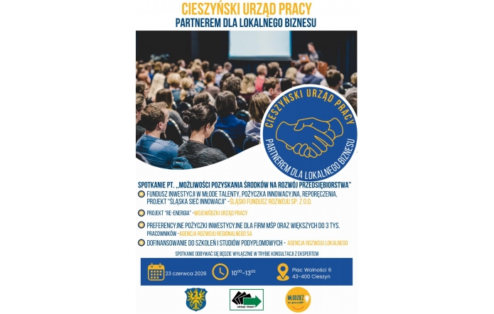 PlaPlakat informujący o spotkaniu dla lokalnych przedsiębiorców. W tle widoczna jest sala z uczestnikami, a na grafice umieszczono informacje o tematach spotkania, terminie, godzinie i miejscu wydarzenia.