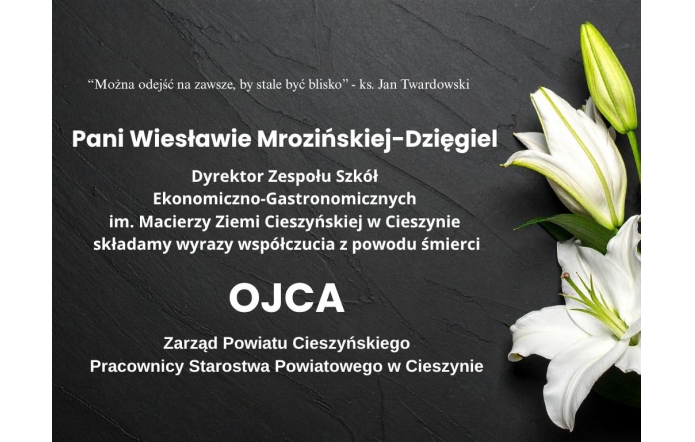 Tekst kondolencyjny na ciemnym tle z białą lilią, zawierający wyrazy współczucia z powodu śmierci ojca. 