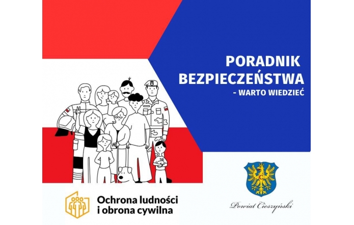 Grafika informacyjna w kolorach czerwonym, białym i granatowym z tytułem „Poradnik bezpieczeństwa – warto wiedzieć”. Po lewej stronie widoczna jest ilustracja grupy osób, w tym służb mundurowych.