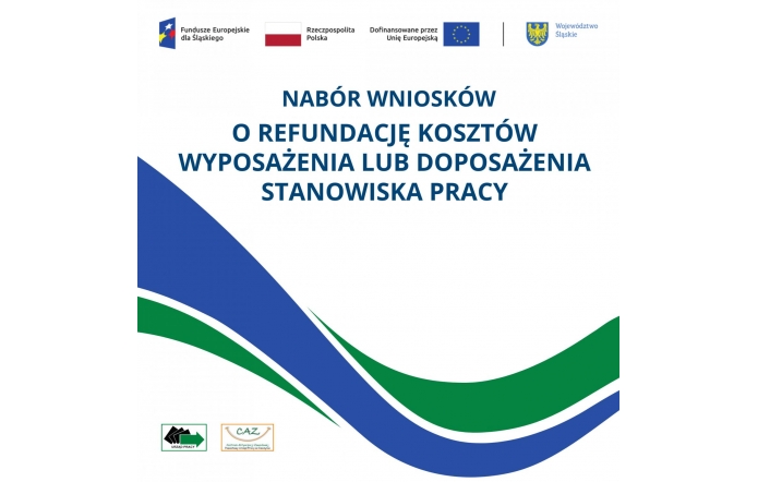 Plakat w biało-niebiesko-zielonej kolorystyce z dużym napisem o naborze wniosków.