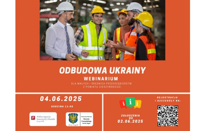 Plakat przedstawiający pięciu pracowników w kamizelkach roboczych.Poniżej tekst informujący o wydarzeniu skierowanym do przedsiębiorstw z terenu powiatu cieszyńskiego.