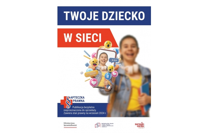 Grafika przedstawiająca dziewczynkę z telefonem komórkowym w ręce, wprowadzająca do poradnika "Twoje dziecko w sieci"- "apTECZKA prawna"