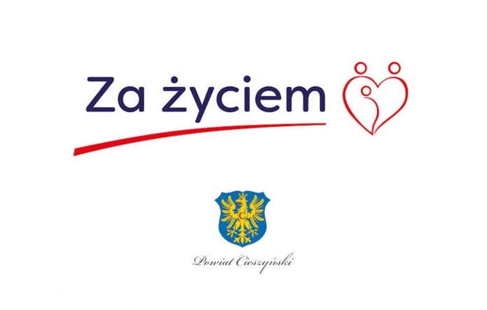 U góry grafiki tekst Za życiem oraz logo akcji,u dołu herb powiatu cieszyńskiego.