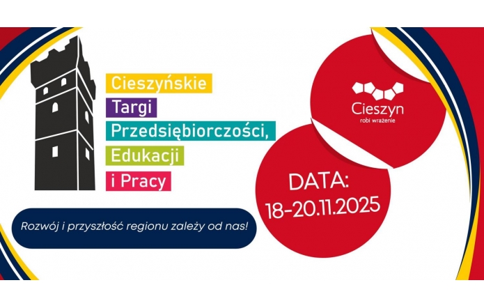 Grafika informacyjna w białej, czerwonej, granatowej, żółtej, zielonej i turkusowej kolorystyce. Po lewej stronie znajduje się czarna grafika wieży. Po prawej stronie widoczne są czerwone koła z logo Cieszyna i datą.