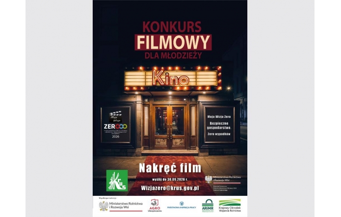 Na ciemnym tle widnieje informacja o konkursie filmowym dla młodzieży. W centralnej części znajduje się wejście do kina z podświetlanym napisem „Kino”, a poniżej hasło zachęcające do nakręcenia filmu. Na dole umieszczono termin nadsyłania prac, adres e-mail oraz logotypy organizatorów i partnerów.