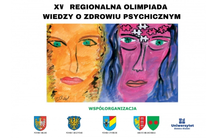 W centrum ilustracja dwóch stylizowanych twarzy w intensywnych kolorach: pomarańczowej i różowo-fioletowej. U dołu herby współorganizatorów.