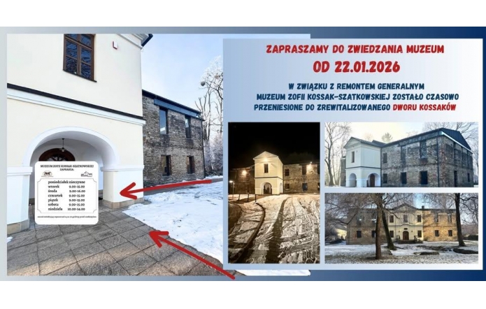 Grafika informuje o ponownym otwarciu Muzeum Zofii Kossak-Szatkowskiej. Zawiera zdjęcia budynku zimą, godziny otwarcia oraz czerwone strzałki wskazujące wejście do muzeum.