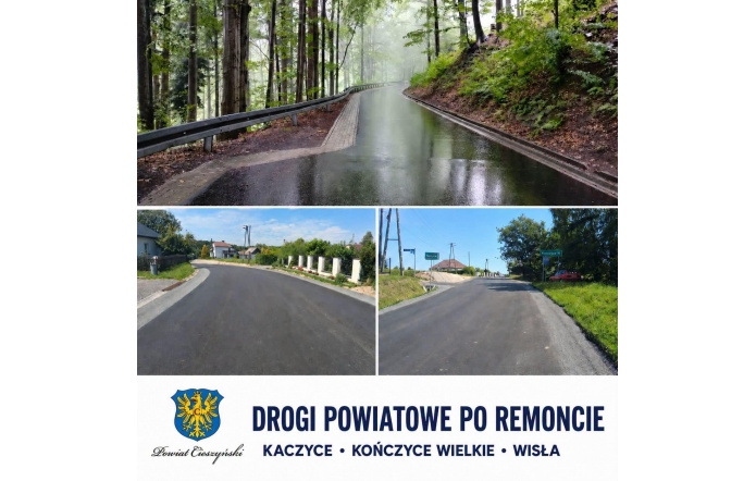 Grafika przedstawiająca trzy wyremontowane odcinki dróg powiatowych w Kaczycach, Kończycach Wielkich i Wiśle. Na zdjęciach widoczne są nowe nawierzchnie asfaltowe – droga przebiegająca przez zalesiony teren oraz dwa odcinki w zabudowie. W dolnej części grafiki znajduje się herb Powiatu Cieszyńskiego i napis: „Drogi powiatowe po remoncie – Kaczyce • Kończyce Wielkie • Wisła”.