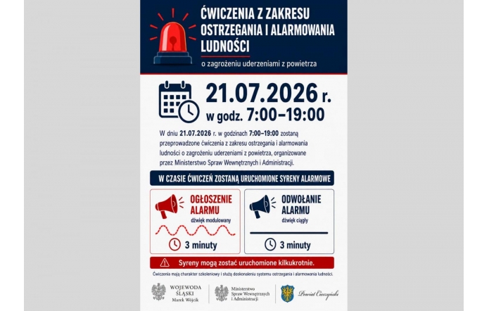 Grafika informacyjna w granatowo-biało-czerwonej kolorystyce dotycząca ćwiczeń z zakresu ostrzegania i alarmowania ludności. Zawiera datę, godziny, informacje o uruchomieniu syren alarmowych oraz oznaczenia dla ogłoszenia i odwołania alarmu.