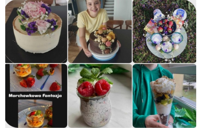 Kolorowa mozaika zdjęć prezentująca desery przygotowane przez uczniów: eleganckie torty z kwiatami, chia z malinami, efektowne desery w szklankach, kompozycje z jogurtami i truskawkami, a także "Marchewkowa Fantazja" w słoiczkach.