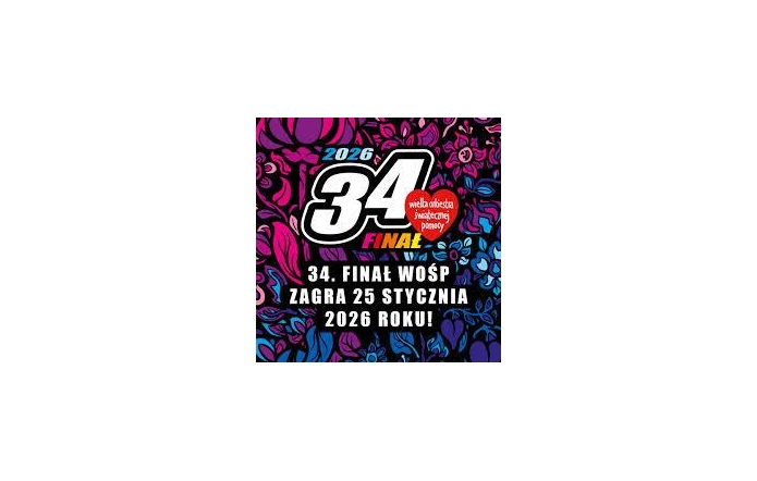 Plakat 34. Finału WOŚP z dużą liczbą „34” i czerwonym sercem fundacji. Kolorowe, kwiatowe tło w odcieniach różu i niebieskiego. Napis: „34. Finał WOŚP – zagramy na stycznia 2026 roku”.