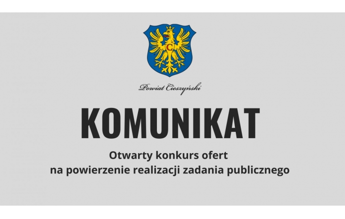 Grafika z szarym tłem, na górze Herb powiatu: orzeł złoty w polu niebieskim zwrócony w prawo, ukoronowany złotą otwartą koroną. Pod herbem napis: otwarty konkurs ofert na powierzenie realizacji zadania publicznego dotyczącego punktu interwencji kryzysowej