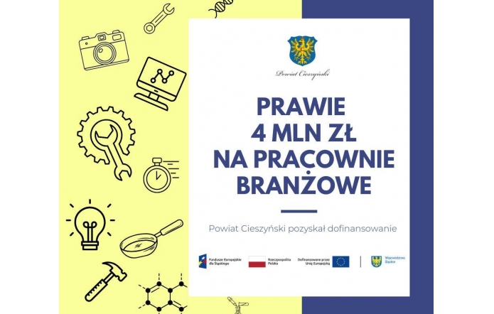 Herb Powiatu Cieszyńskiego i duży napis o przeznaczeniu prawie 4 mln zł na pracownie branżowe, poniżej informacja o dofinansowaniu i logotypy programów, po bokach proste ikony związane z techniką i nauką.