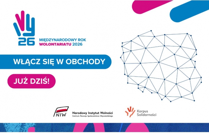 Logo i napis o Międzynarodowym Roku Wolontariatu, obok hasło „Włącz się w obchody już dziś!”, po prawej kontur Polski przedstawiony jako sieć punktów i linii, na dole logotypy instytucji.