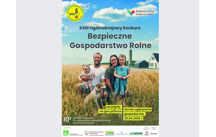 Na tle pola zboża stoi rodzina z dwójką dzieci i psem, a w oddali widoczne są budynki gospodarstwa. W górnej części grafiki znajduje się napis o konkursie, a na dole informacje o szczegółach i terminie zgłoszeń.