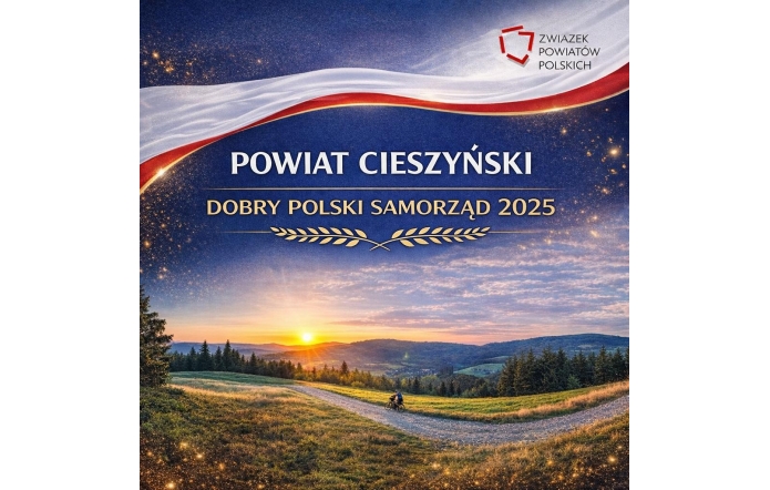 Grafika - Powiat Cieszyński Dobry Polski Samorząd. Na dole zdjęcie z widokiem na góry. 
