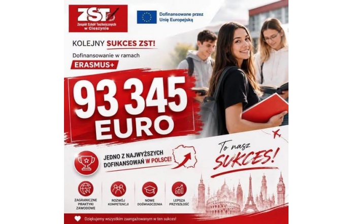 Grafika w czerwono-białej kolorystyce informuje o dofinansowaniu Zespołu Szkół Technicznych w Cieszynie . Na plakacie widoczna jest kwota, zdjęcie młodzieży oraz logotypy szkoły i Unii Europejskiej.