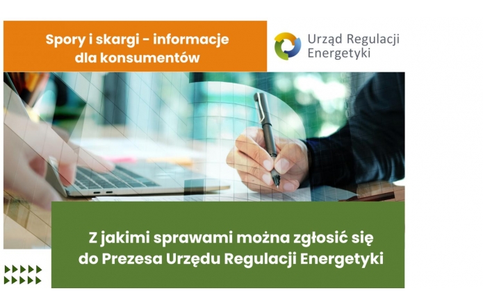 Grafika promująca informacje dla konsumentów na temat sporów i skarg związanych z usługami energetycznymi, przedstawiająca osobę korzystającą z laptopa i piszącą długopisem, z napisami wskazującymi na Urząd Regulacji Energetyki oraz dostępne opcje skarg i zgłoszeń.