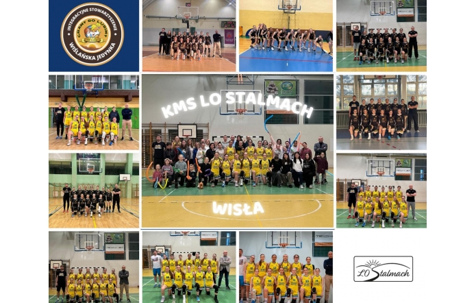 Kolaż zdjęć prezentuje różne drużyny koszykówki, m.in. Wisła, KMS LO Stalmach, które pozują w hali sportowej. Zawodnicy w jednolitych strojach sportowych, z trenerami, na tle koszykówki i logotypów klubów.
