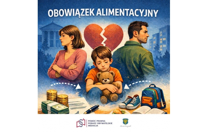 Dziecko siedzi ze spuszczoną głową, w tle rozstający się rodzice odwróceni plecami i symbol pękniętego serca.