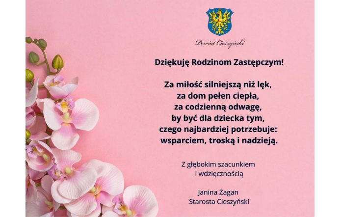 Różowe tło, z lewej strony gałązka storczyków. Po prawej herb Powiatu Cieszyńskiego, pod nim podziękowanie dla rodzin zastępczych z podpisem Starosty Janiny Żagan, w eleganckim granatowym kroju pisma.