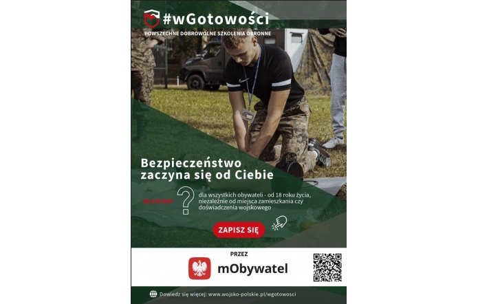 Grafika informacyjna w zielono-białej kolorystyce dotycząca programu „wGotowości”. Zawiera hasło „Bezpieczeństwo zaczyna się od Ciebie”, przycisk „Zapisz się”, kod QR oraz informację o zapisach przez mObywatel.