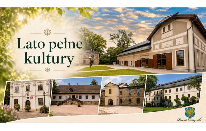 Kolaż zdjęć: pięć budynków z zielenią. Po lewej stronie widoczny jest fragment napisu, w tle drzewa i jasne niebo.  W prawym dolnym rogu Herb Powiatu.
