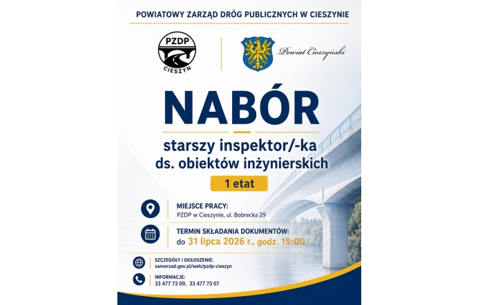 Grafika w granatowo-żółtej kolorystyce o naborze do Powiatowego Zarządu Dróg Publicznych w Cieszynie. Zawiera nazwę stanowiska, liczbę etatów, termin składania dokumentów oraz dane kontaktowe.