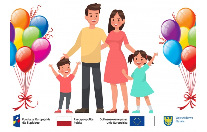 Rodzina z dwojgiem dzieci stoi między kolorowymi balonami, poniżej widoczne są logotypy Funduszy Europejskich, Rzeczypospolitej Polskiej, Unii Europejskiej oraz Województwa Śląskiego.