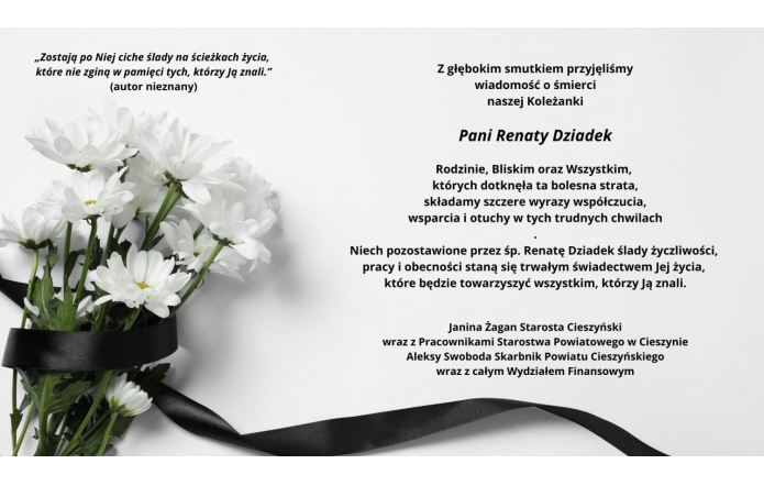 Białe kwiaty przewiązane czarną wstążką na jasnym tle, obok tekst kondolencyjny upamiętniający śp. Renatę Dziadek oraz cytat o pamięci. Kompozycja utrzymana w stonowanej, eleganckiej stylistyce żałobnej.