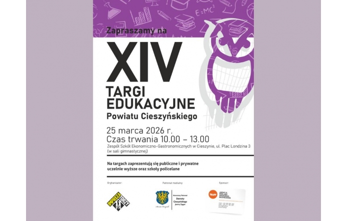 Fioletowo-biała kompozycja z dużym napisem „XIV” oraz informacjami o targach edukacyjnych, ich dacie, godzinie i miejscu, uzupełniona szkolnymi motywami i logotypami organizatorów.