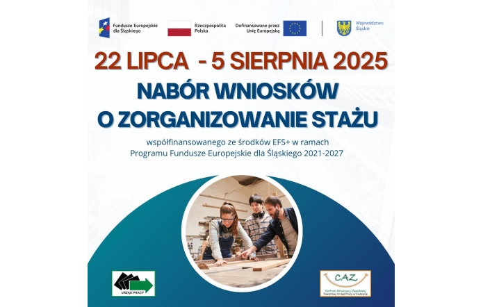 Nabór wniosków o zorganizowanie stażu od 22 lipca do 5 sierpnia 2025, współfinansowanego ze środków EFS+ w ramach programu dla Śląskiego. U góry loga instytucji, na dole zdjęcie zespołu uczącego się pracy stolarskiej.