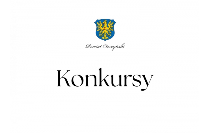 Czarny napis na białym tle: "Konkursy", powyżej herb Powiatu Cieszyńskiego.