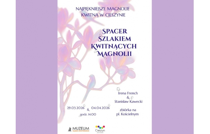 nie pisz plakat, opisuj od razu ze an pastelowym tle cos rtam cops  Na pastelowym tle z ilustracją magnolii widnieje napis „Spacer szlakiem kwitnących magnolii” oraz informacje o prowadzących i miejscu zbiórki, a na dole znajdują się logotypy.