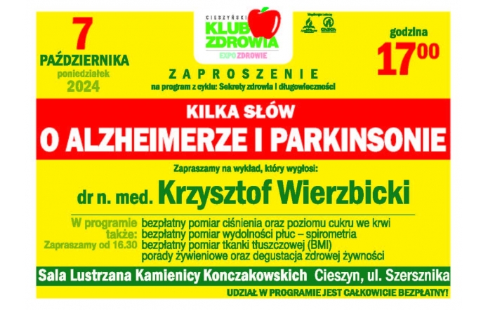Żółto-czerwono-zielony plakat zapraszający na wykład. U góry umieszczono datę, godzinę  oraz logo Cieszyńskiego Klubu Zdrowia. W centralnej części wyróżniono nazwisko prowadzącego, a niżej informacje o bezpłatnych pomiarach i poradach. Na dole podano miejsce spotkania.