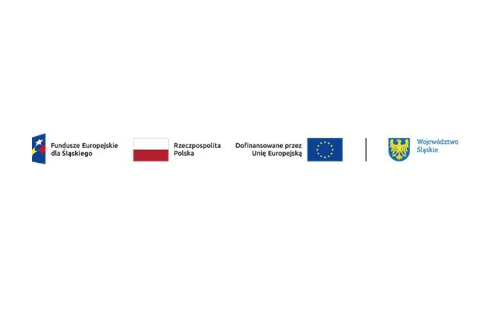Logo Funduszy Europejskich, Flagi Polski i Unii Europejskiej oraz herb Województwa Śląskiego na białym tle.