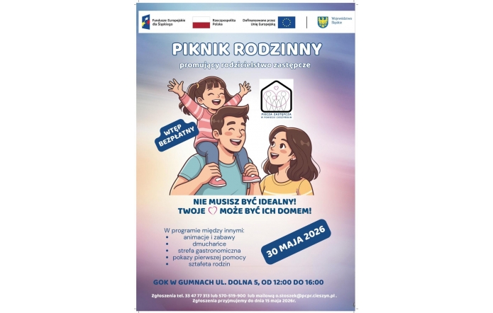 Plakat promujący piknik rodzinny z ilustracją uśmiechniętej rodziny z dzieckiem. Na plakacie znajdują się informacje o wydarzeniu, data oraz miejsce spotkania.