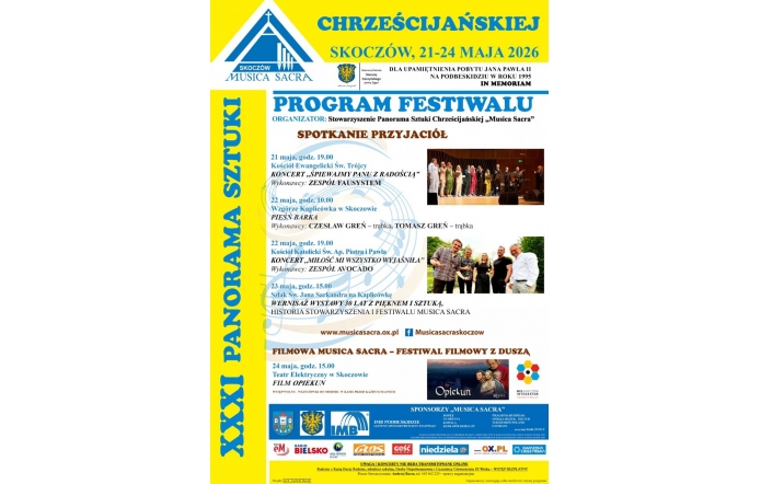 Żółto-biały plakat festiwalu Musica Sacra z niebieskimi napisami, programem wydarzeń oraz zdjęciami wykonawców i logotypami sponsorów.