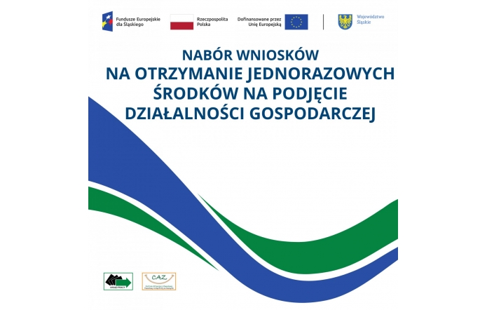 Grafika o naborze wniosków na środki na podjęcie działalności gospodarczej z logotypami oraz ozdobnymi falami w kolorze niebieskim i zielonym.